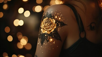 Aufkleber - Romantic warm glitter lights with golden tones, vintage bokeh effect