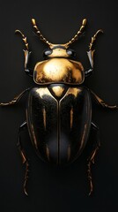 Poster - Hyperrealistic 3D illustration of a glossy black beetle featuring raised gold contours The beetle stands out sharply against a matte black background emphasizing its luxurious design