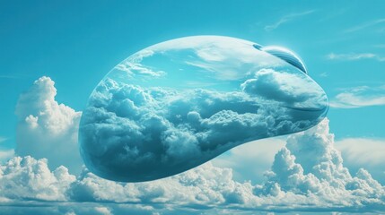 Wall Mural - futuristic transparent spaceship floats amidst fluffy white clouds in a vibrant blue sky.