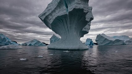 Aufkleber - A dramatic icefjord scene with towering icebergs carved into surreal shapes, their bases reflecting on the still, dark water.