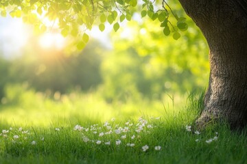 Poster - Sunlight filtering through foliage illuminating a serene grassy area with blooming flowers in a calm outdoor setting. Generative AI