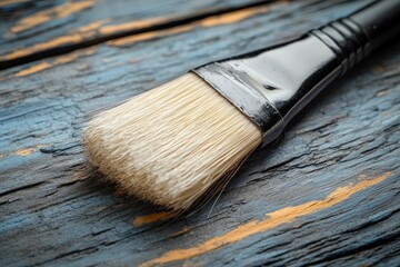 Poster - Close-up view of an artist's paintbrush on a textured wooden surface highlighting the bristles and handle