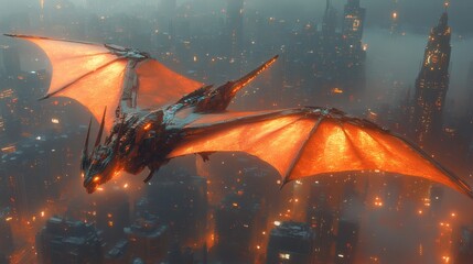 Poster - stunning image of a cyberpunk dragonwoman midflight above a futuristic city with determined eyes and