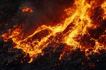 Poster - Molten lava flows rapidly across the surface in a volcanic eruption during a night display of natural power
