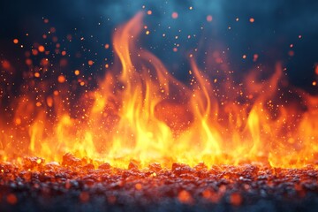 Aufkleber - Bright flames dance over glowing embers in a dark smoky environment creating an intense and vivid display of fire