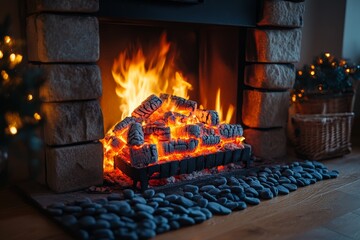 Poster - Cozy fireplace creates warm atmosphere with glowing embers and flickering flames during winter evening gathering