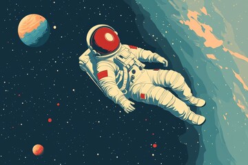 Poster - Astronaut floating in the vastness of space surrounded by distant planets and stars in a colorful cosmic landscape