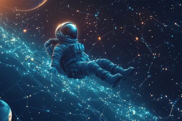 Poster - Astronaut floating through a network of stars and cosmic connections in deep space