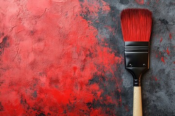 Poster - Bright red paint brush against a textured grey background highlighting art creation