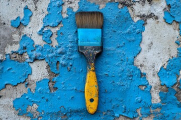 Poster - Bright blue paint brush resting against a textured wall with peeling blue and gray layers in a creative workspace