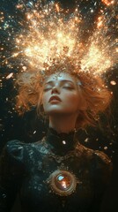 Poster - Gothic woman 3D with flying hair wearing a steampunk medallion crowned with precious stones black backdrop lit with twotone lights surrounded by an intense burst of multicolored energy