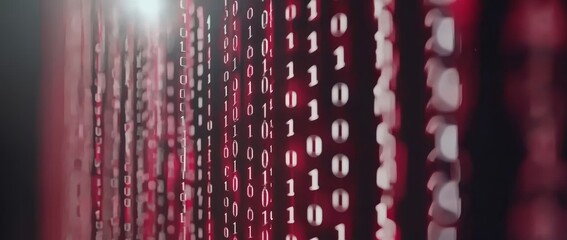 Poster - A dark background with abstract streams of red binary code and circular light effects, indicating data flow and digital technology