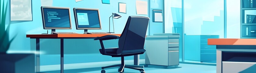 Poster - A modern office space with two large monitors, an office chair, and a sleek desk under bright lighting. The layout promotes productivity and a professional atmosphere.