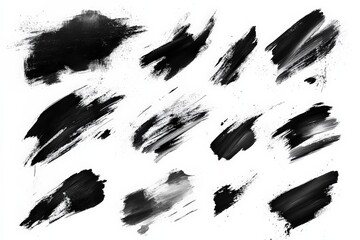 Poster - Abstract black paint strokes on a white background showcasing diverse textures and designs in contemporary art