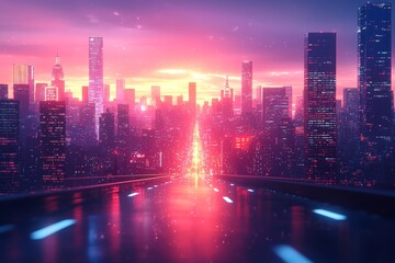 Poster - Abstract high-tech background featuring a vibrant cityscape of pink and orange skyscrapers