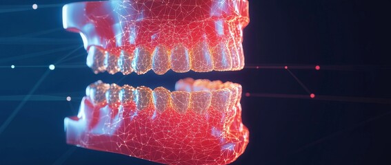 Poster - a digital 3d render of human teeth displayed with a wireframe design and blue geometric links agains