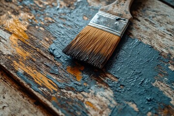 Poster - Brush covered in blue paint rests on a weathered wooden surface after a detailed DIY project