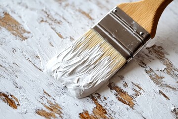 Poster - Applying white paint with a brush on a weathered wooden surface during a home improvement project