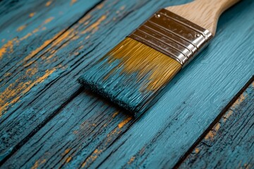 Poster - Brush covered in turquoise paint rests on a textured wooden surface in a vibrant crafting workspace
