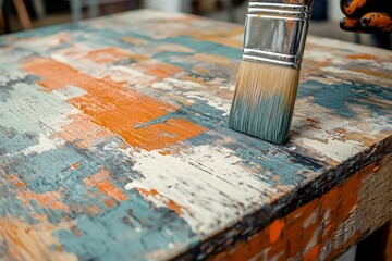 Poster - Creative woodworking project featuring brush applying paint to textured surface in a workshop