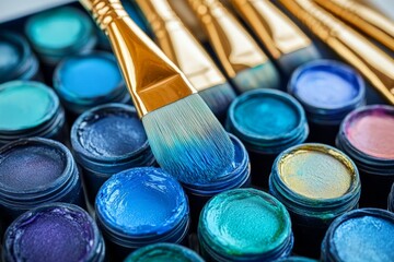 Poster - Vibrant selection of blue and green paint colors with brushes for artistic creation in a creative workspace