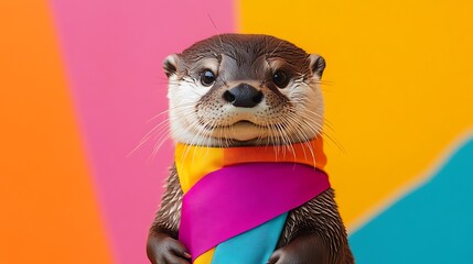 lovable otter wearing a colorful sash isolated on a colorful background
