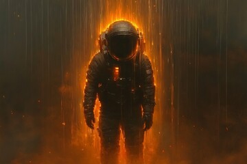 Aufkleber - Cosmic exploration with a fiery astronaut surrounded by glowing particles in a dark environment