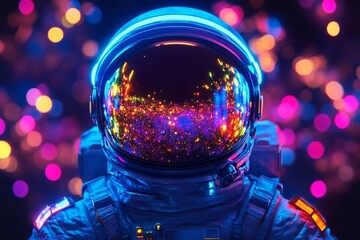 Poster - Colorful astronaut helmet reflecting vibrant lights in a cosmic background at night
