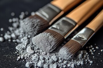 Poster - Artistic tools covered with gray powder on a dark surface highlight an engaging creative process in action