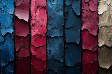Poster - Vibrant textured color palette showcasing rich reds, blues, and earthy tones on a wall in an art studio setting