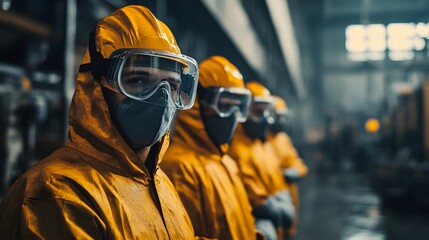 Poster - Workers in protective gear stand in a factory, showcasing safety protocols in an industrial environment. Their focus emphasizes the importance of health standards and teamwork.