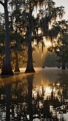 Poster - A tranquil swamp at sunrise, Spanish moss hanging from cypress trees and eerie reflections dancing on still water.