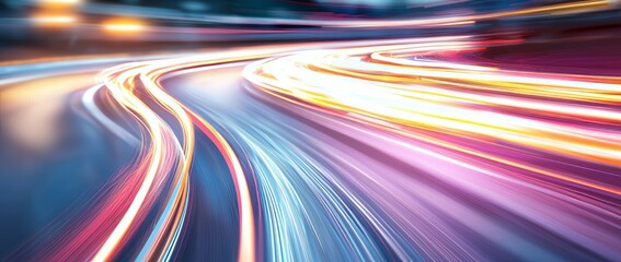 Poster - A nighttime road in motion with an abstract background of blue and purple light streaks on black
