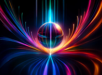 Wall Mural - a vibrant sphere glows, radiating multicolored energy streams in a symmetrical, mesmerizing display.