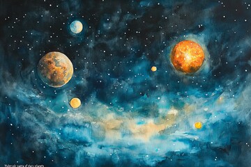 Poster - Cosmic landscape featuring planets and distant stars in vibrant colors and dreamy atmosphere