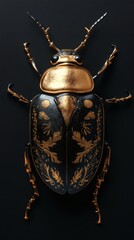 Poster - Hyperrealistic 3D render of striking black beetle with intricately detailed gold contours in relief The vivid colors pop against a solid black background enhancing its elegant features