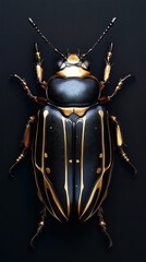 Poster - Hyperrealistic 3D render of striking black beetle with intricately detailed gold contours in relief The vivid colors pop against a solid black background enhancing its elegant features