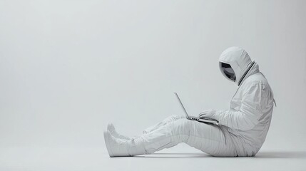 Poster - a laptop-wielding astronaut sits against a light gray studio background with plenty of copy space, r