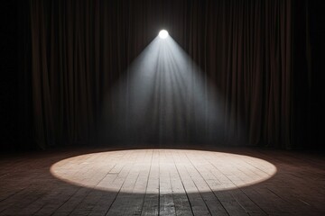 Poster - A bright spotlight shines down on an empty stage, highlighting the wooden floorboards while dark curtains frame the backdrop. The ambiance is minimalist and evokes anticipation