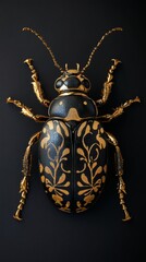 Poster - Hyperrealistic 3D render of striking black beetle with intricately detailed gold contours in relief The vivid colors pop against a solid black background enhancing its elegant features