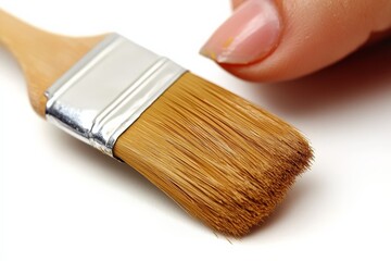 Poster - Close-up of a paintbrush with a hand preparing to apply color on a smooth surface