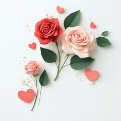 Poster - Bouquet of roses with a heart on the left and a heart on the right. Minimalistic background.