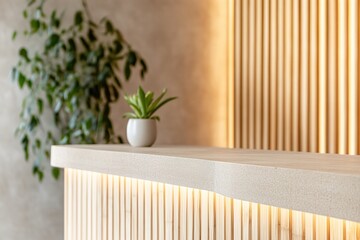 Poster - A contemporary reception desk constructed with bamboo panels features soft warm lighting that enhances the sustainable design, complemented by blurred potted plants for a serene atmosphere