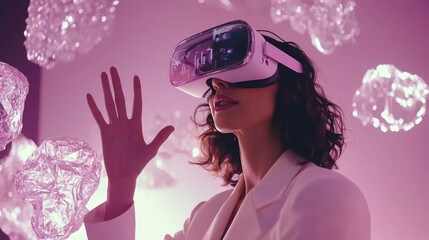 Poster - In a virtual environment, a woman interacts with digital interfaces and screens that float around her in virtual reality.