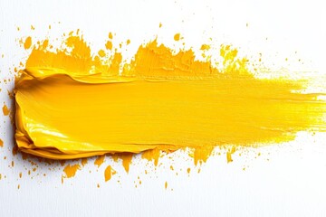 Aufkleber - Bright yellow paint stroke on white canvas showcasing vibrant color and texture in artistic expression