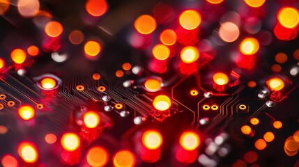 Poster - A detailed view of an electronic circuit board illuminated in orange.