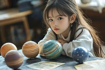 Aufkleber - Young girl thoughtfully examines colorful planet replicas on a table in a cozy room during a quiet afternoon