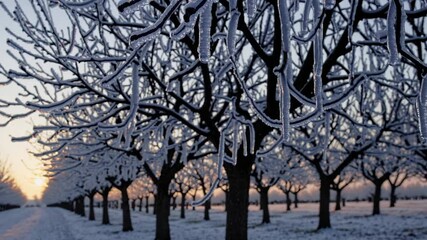 Aufkleber - A frosty winter orchard at dawn, icicles clinging to bare branches as the first warm rays begin to light the horizon.