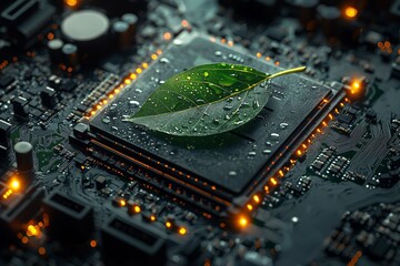 Poster - Green leaves embedded within a computer circuit board, symbolizing the fusion of green technology with environmental science and digital innovation