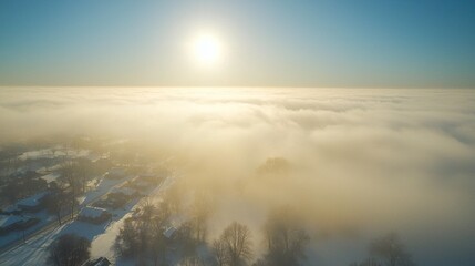 Poster - A breathtaking view reveals a winter wonderland shrouded in thick fog. The sun casts a warm glow over the snow-covered ground, illuminating the serene landscape at dawn